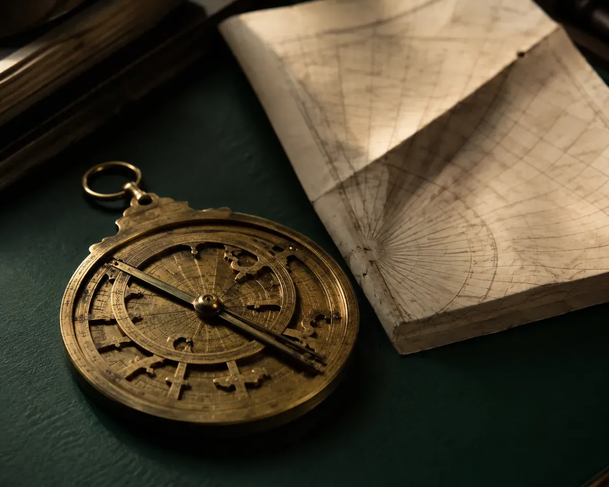 Astrolabe de laiton et carte des angles du soleil sur un bureau vert sombre