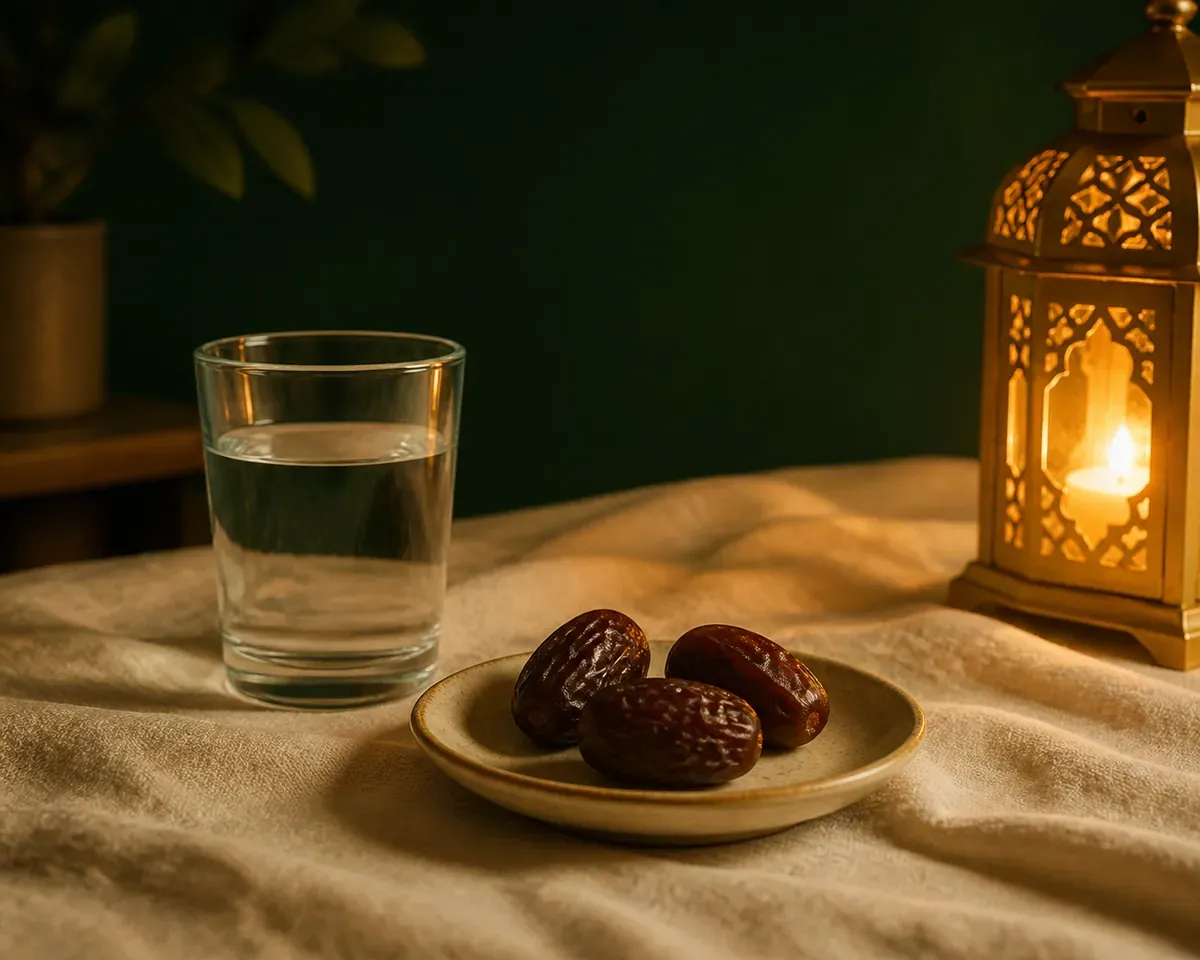 Verre d'eau, trois dattes sur une assiette et lanterne allumée sur une nappe claire